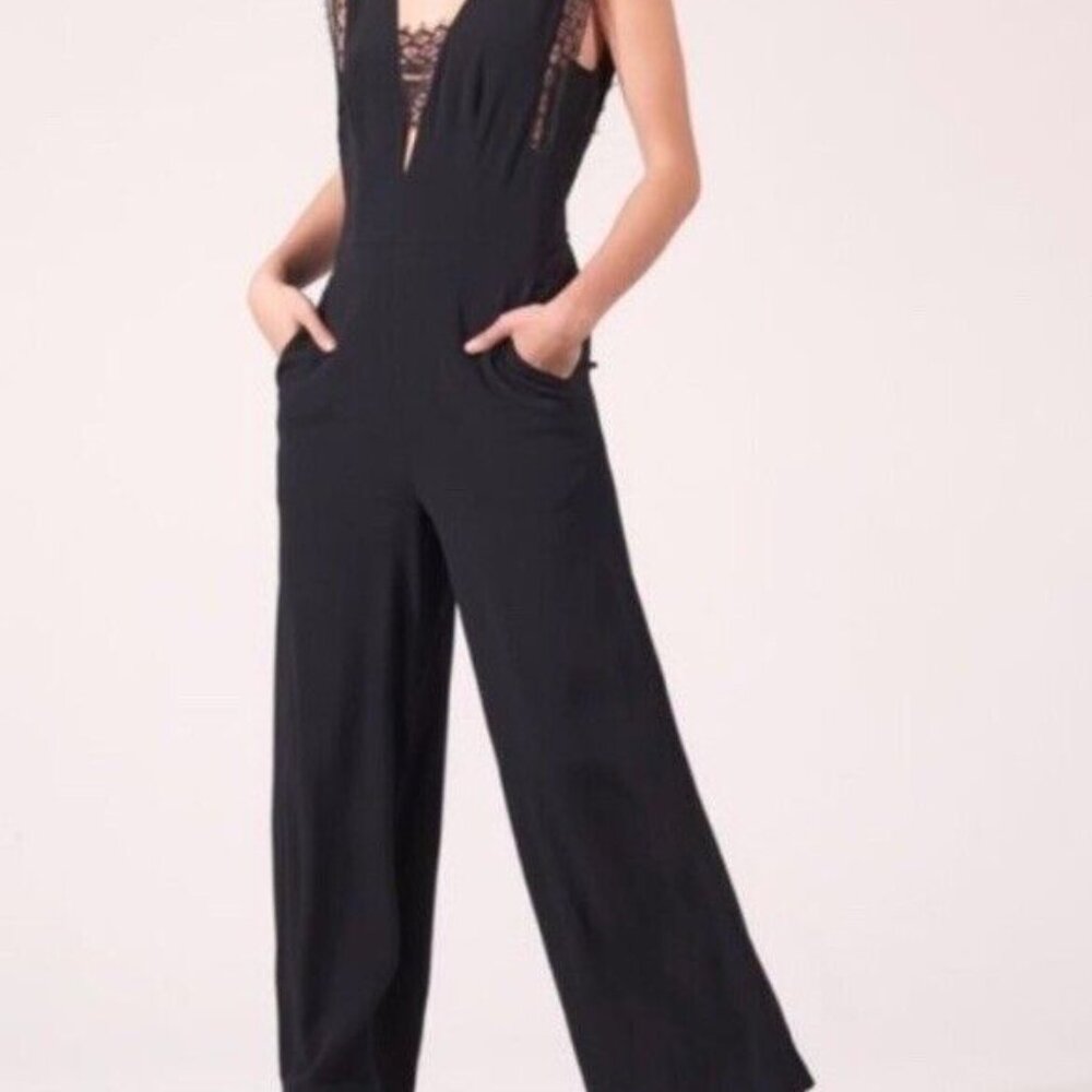 Sandro Palazzo Plunge V-Neck Lace Trim Wide Leg Jumpsuit in Black Med $495 NWOT - Picture 2 of 16